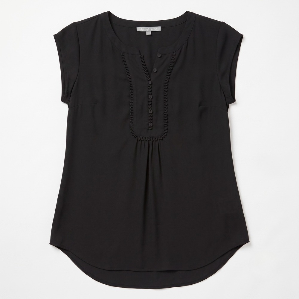 Daniel Rainn Cap Sleeve Blouse Womens XS Black Pleated Henley Neck Chiffon Top